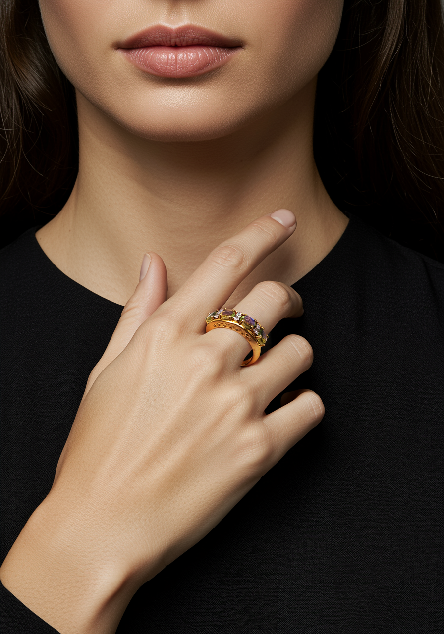 Gold-Plated Sterling Silver Gemstone Band Ring with Mixed Stones