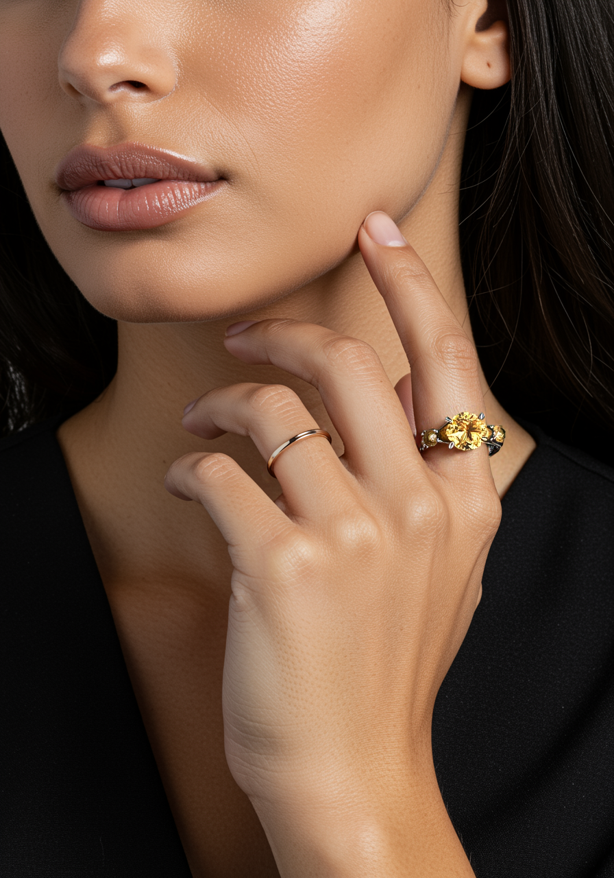 Vintage Cocktail Sterling Silver Setting Ring with Faceted Yellow Stones