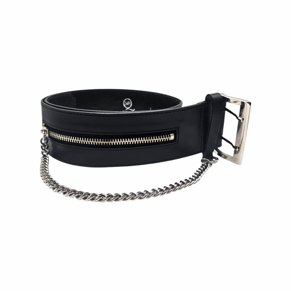 Leather Wide Belt with Silver Buckle, Zipper Pocket & Chain Detail - Alexander McQueen