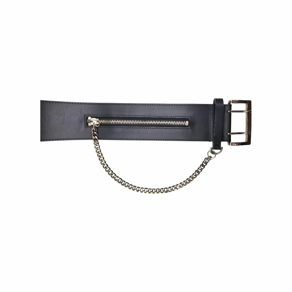 Leather Wide Belt with Silver Buckle, Zipper Pocket & Chain Detail - Alexander McQueen
