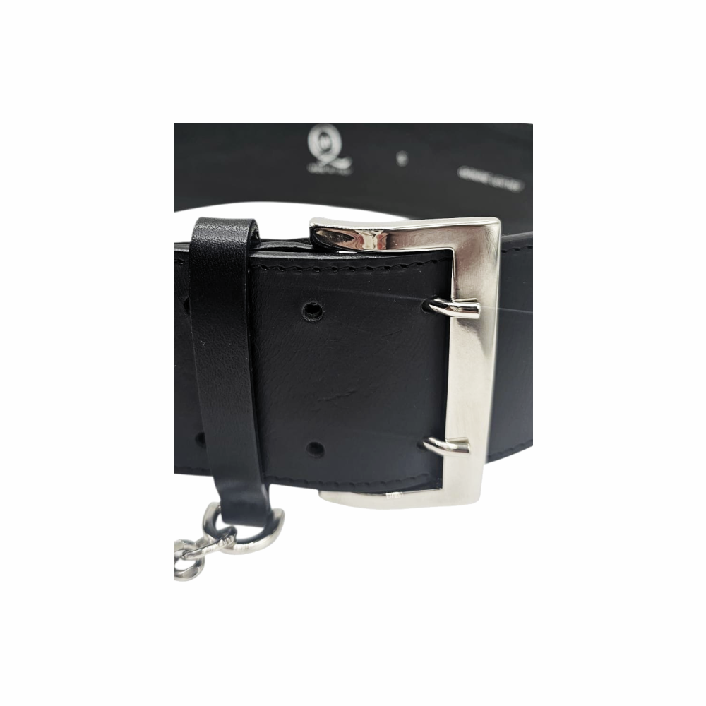 Leather Wide Belt with Silver Buckle, Zipper Pocket & Chain Detail - Alexander McQueen