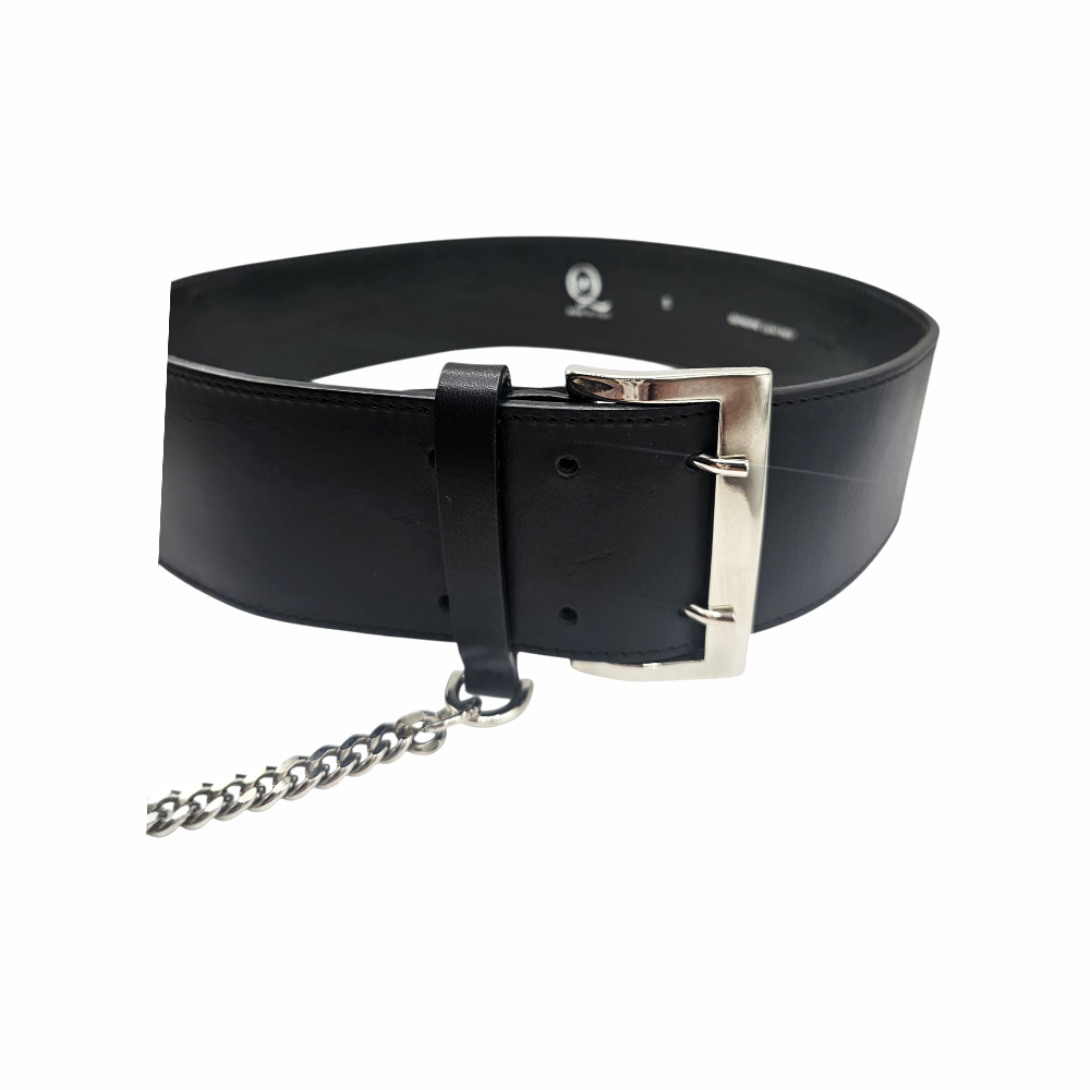 Leather Wide Belt with Silver Buckle, Zipper Pocket & Chain Detail - Alexander McQueen