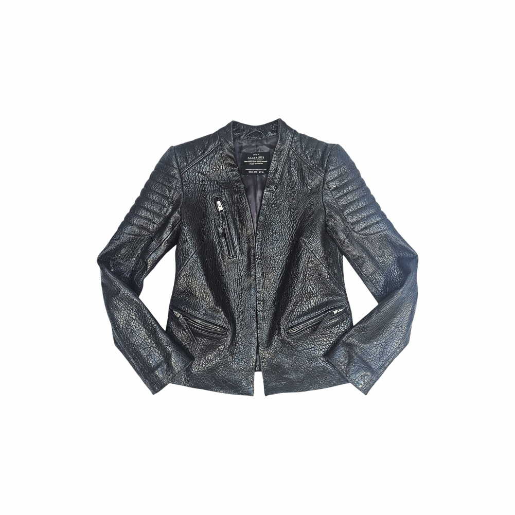 Collarless Neckline Leather Marin Black Biker Jacket - All Saints