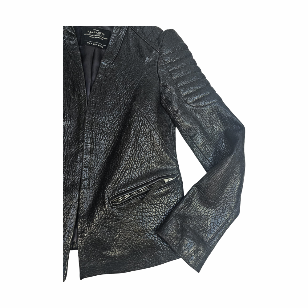 Collarless Neckline Leather Marin Black Biker Jacket - All Saints