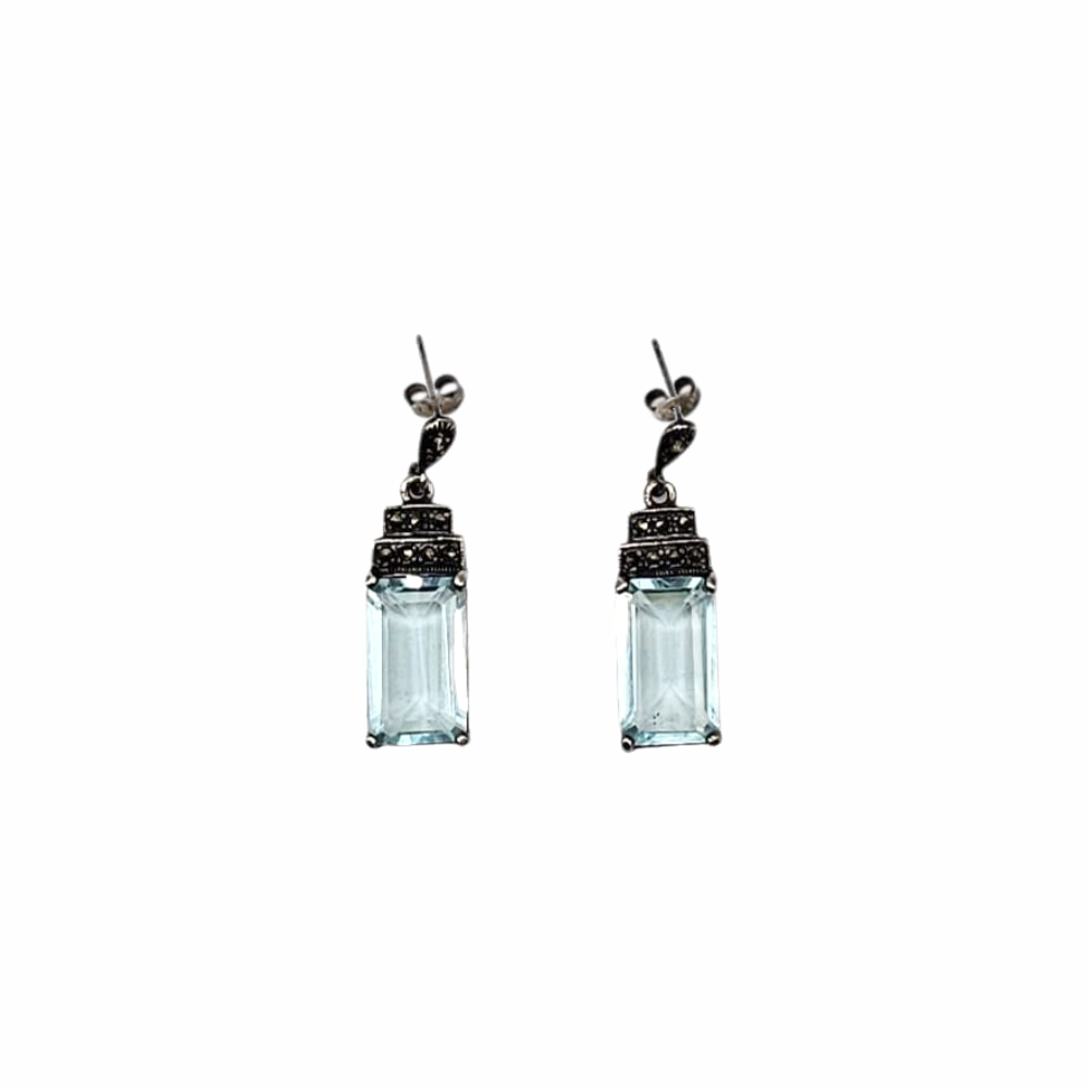 Art Deco Marcasite & Aquamarine Sterling Silver Dangling Stud Earrings