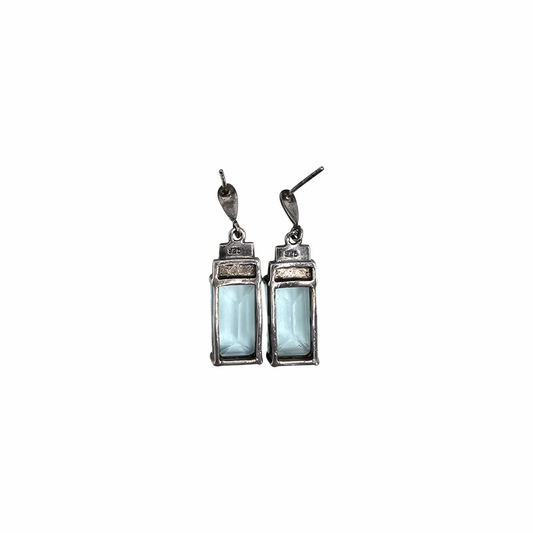 Art Deco Marcasite & Aquamarine Sterling Silver Dangling Stud Earrings