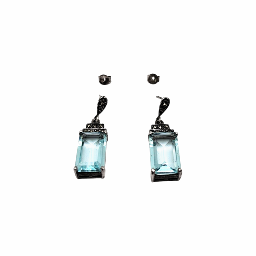 Art Deco Marcasite & Aquamarine Sterling Silver Dangling Stud Earrings