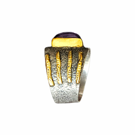 Vintage Artisan 925 Sterling Silver Amethyst Statement Ring with Gold-Tone Accents - Re:Velvet
