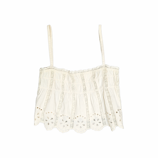 Vintage ivory broderie anglaise camisole top with lace inserts and scalloped embroidered hem. Late 1990s–early 2000s romantic Y2K style.