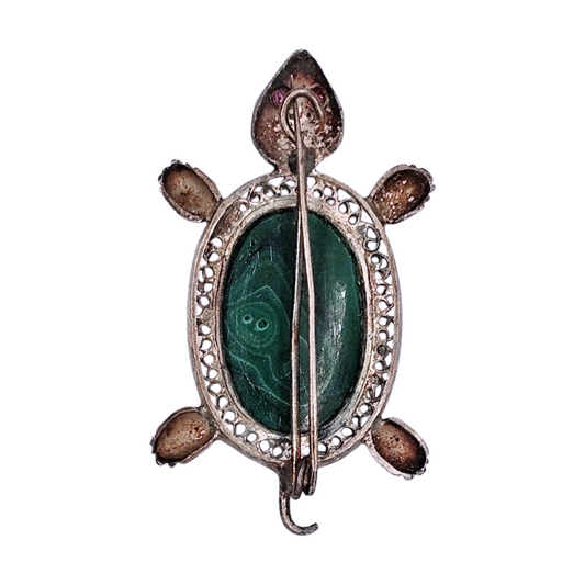 Vintage 1960s Silver Turtle Brooch with Malachite and Amethyst Gems - Re:Velvet