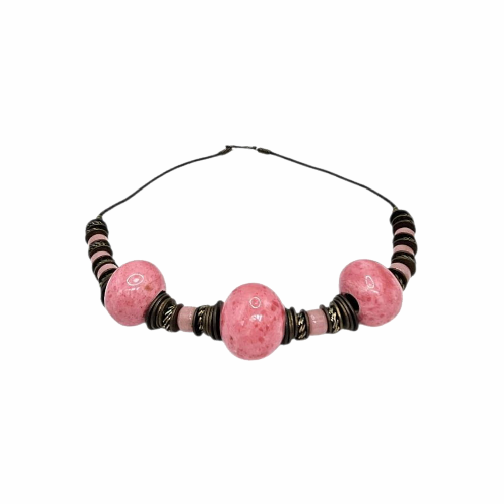 Vintage Bohemian Necklace with Chunky Ceramic and Brass Beads