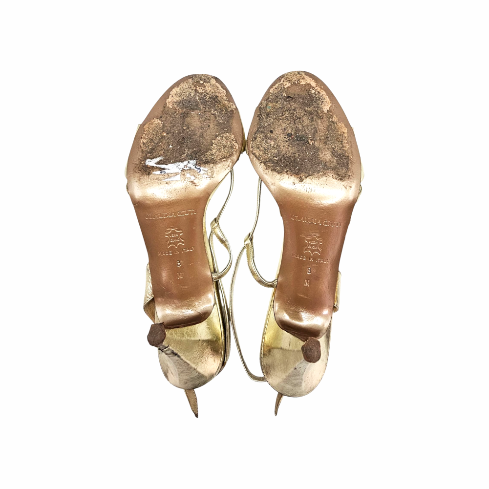 Flower Embellished Strappy Leather Gold Sandals - Claudia Ciuti