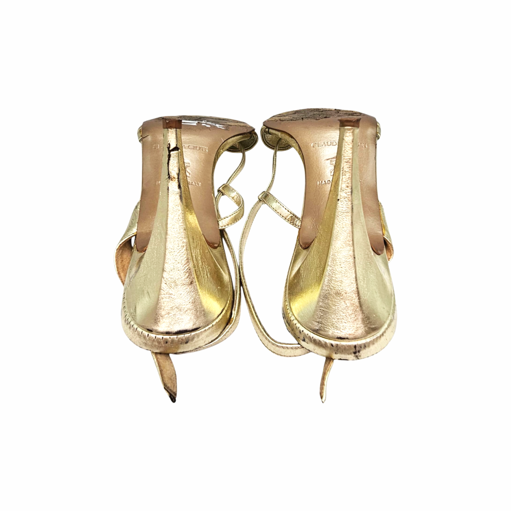 Flower Embellished Strappy Leather Gold Sandals - Claudia Ciuti