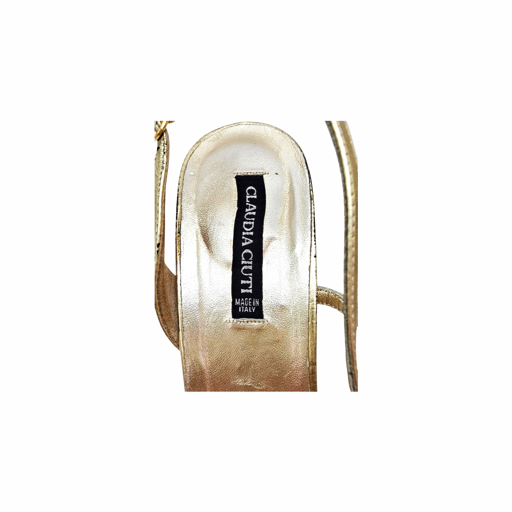 Flower Embellished Strappy Leather Gold Sandals - Claudia Ciuti
