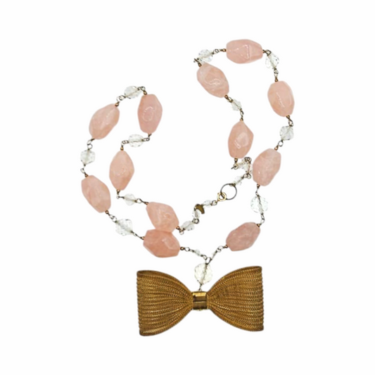 Long Glass Bead and Metal Bow embellishment Opera necklace - Dotty K