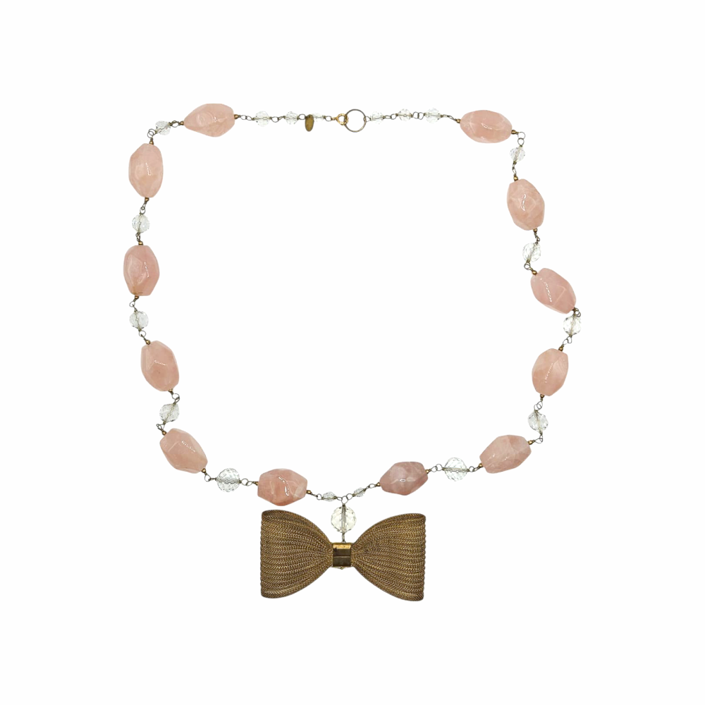 Long Glass Bead and Metal Bow embellishment Opera necklace - Dotty K