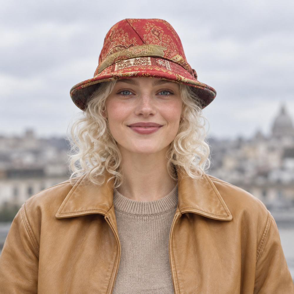 Vintage ETRO Milano multicoloured paisley jacquard bucket hat worn by model