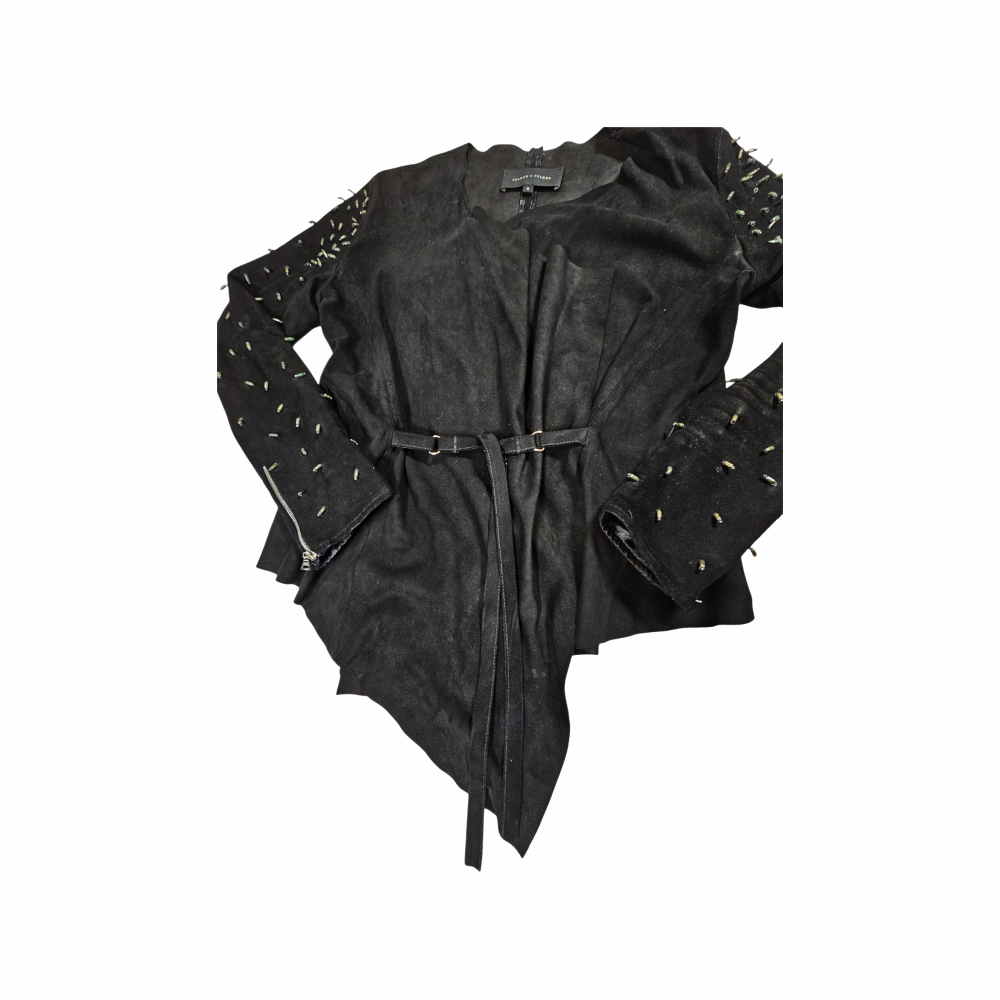 Suede Belted Jacket with Beaded Sleeves - Felder + Felder