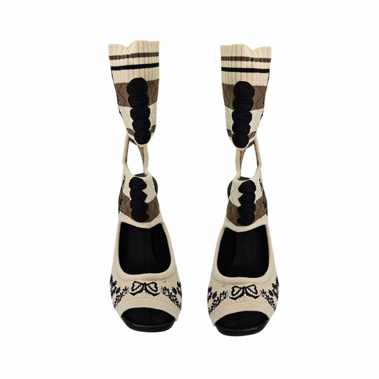 Embroidered Knit Sock Peep Toe Ankle Boots - Fendi - Re:Velvet