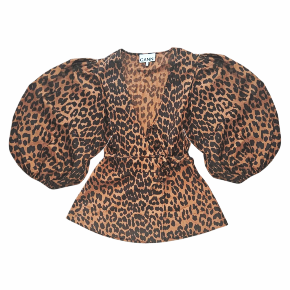 Leopard Print Puff Sleeve Wrap Blouse in Organic Cotton - Ganni