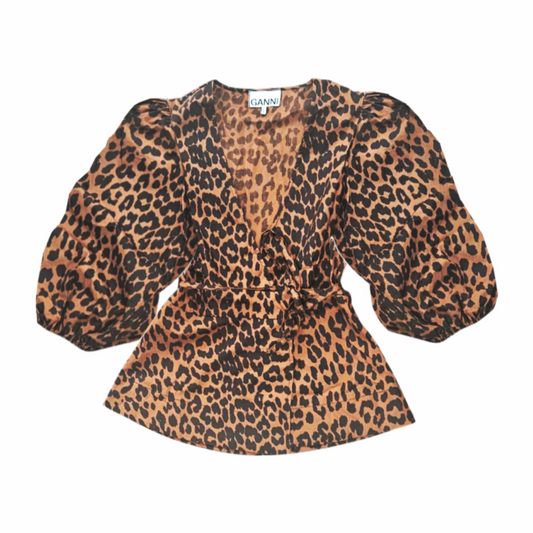 Leopard Print Puff Sleeve Wrap Blouse in Organic Cotton - Ganni