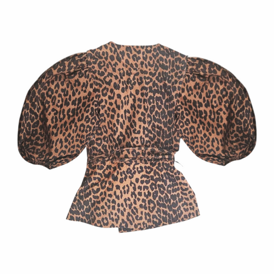 Leopard Print Puff Sleeve Wrap Blouse in Organic Cotton - Ganni