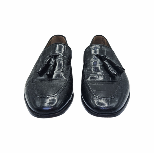 George Hogg - Men´s Black Crocodile-Embossed Leather Tassel Loafers – EU 40