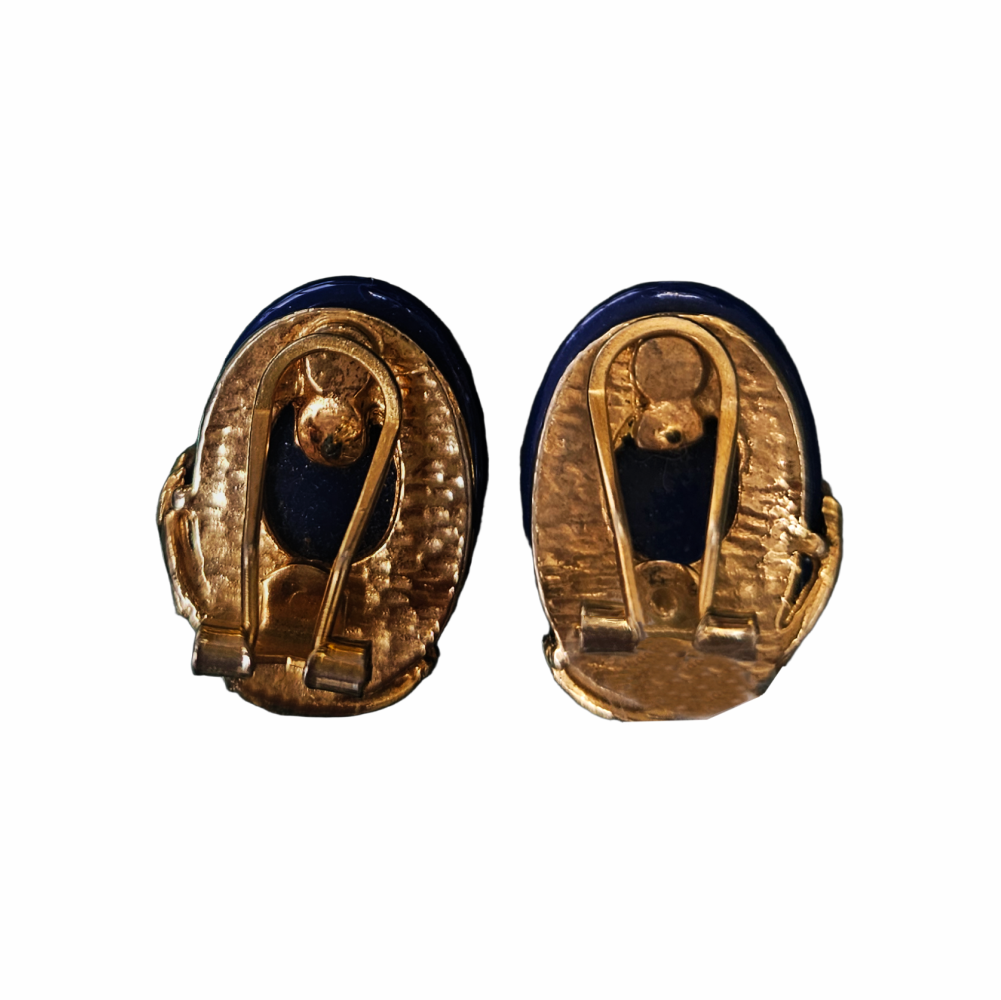 1970s Vintage Lapis-Blue Glass & Gold-Tone Leaf Clip-On Earrings