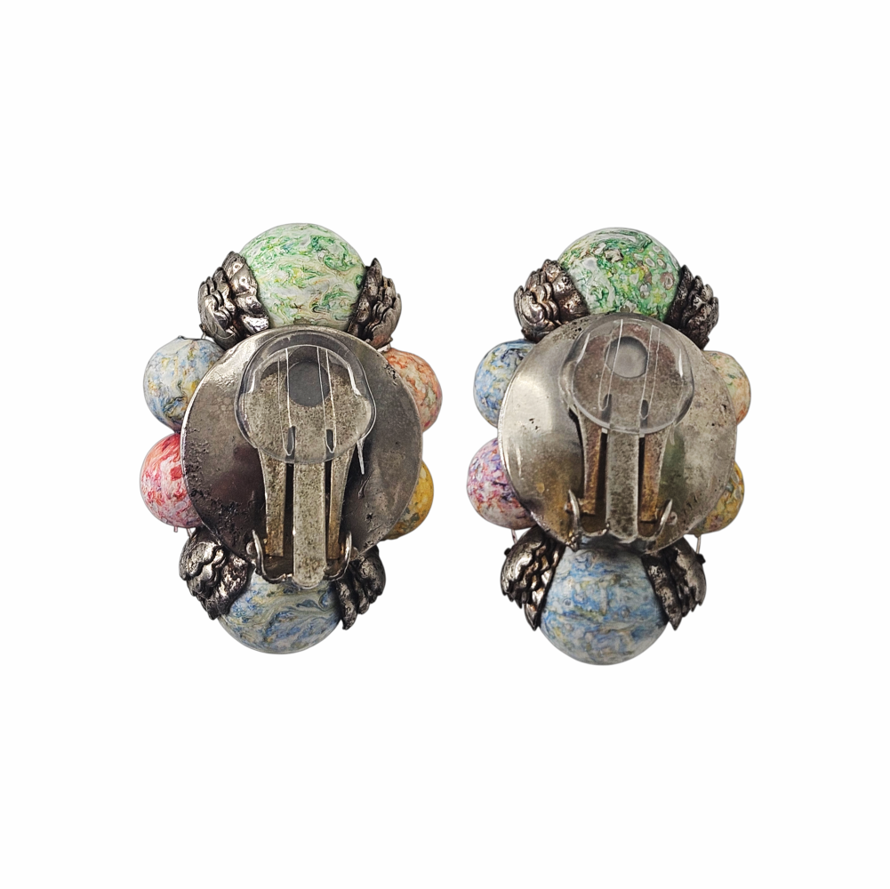 Vintage Mid-Century Multicoloured Glass Bead Cluster Clip-On Earrings