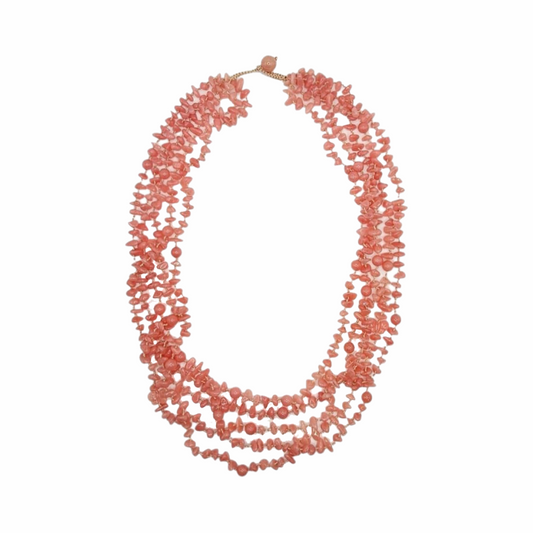 Vintage Multi-Strand Salmon Coral Chip Necklace with Button Clasp