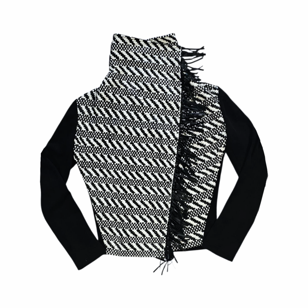 Black Cardigan Jacket with Woven Leather-Trimmed Fringe Collar - Pinko Tag