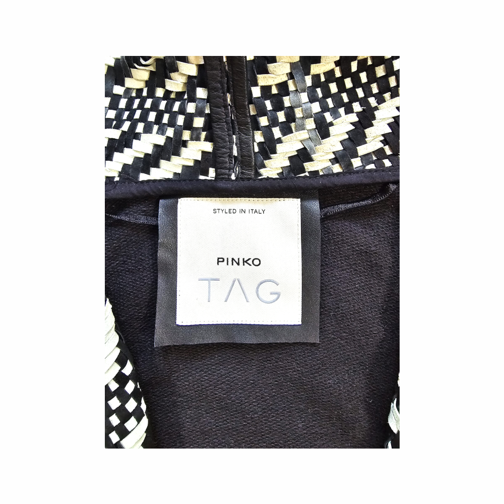 Black Cardigan Jacket with Woven Leather-Trimmed Fringe Collar - Pinko Tag