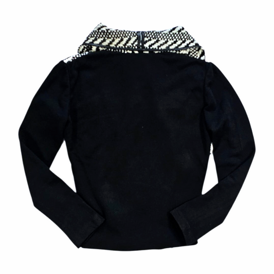 Black Cardigan Jacket with Woven Leather-Trimmed Fringe Collar - Pinko Tag