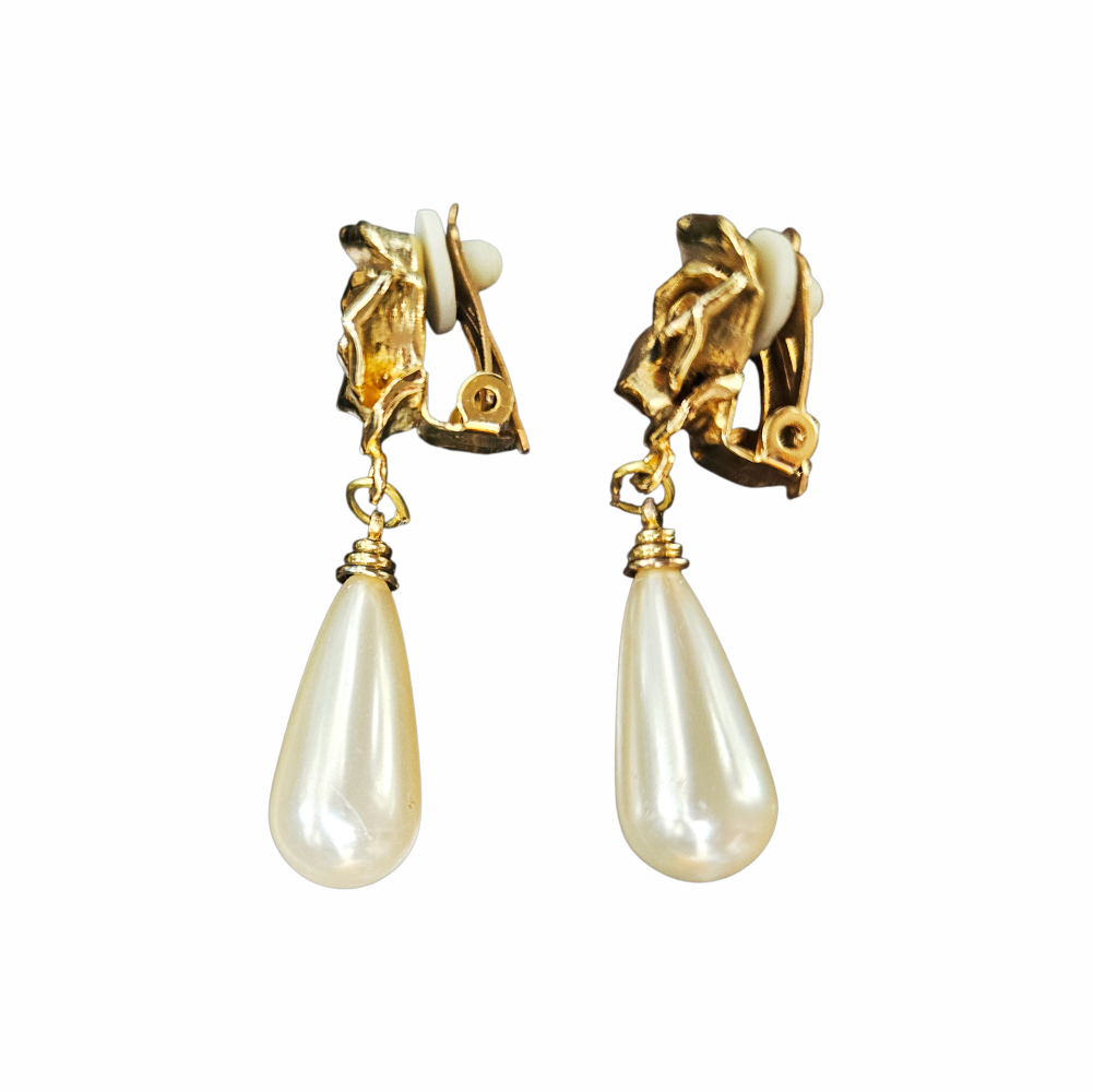 1980s Gold-Tone Rose and Faux Pearl Teardrop Clip-On Earrings