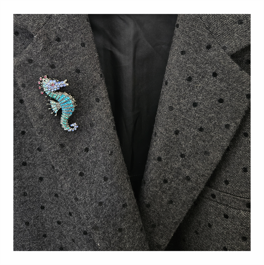 Crystal Seahorse Brooch in Blue and Green Pavé with Iridescent Accents - Re:Velvet
