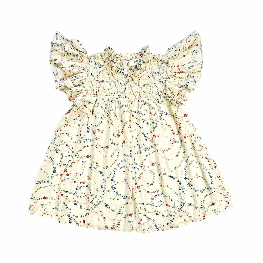 Smocked Floral Ruffle Blouse in Crinkled Cotton Voile - Sea New York