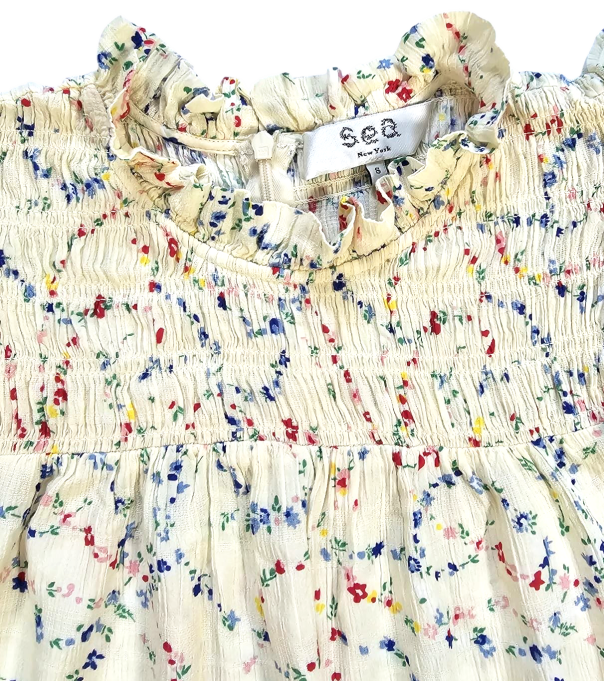 Smocked Floral Ruffle Blouse in Crinkled Cotton Voile - Sea New York