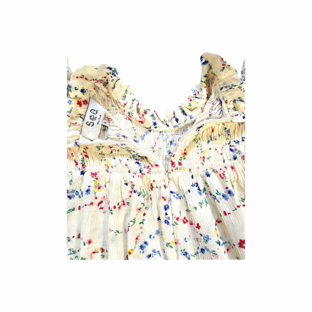 Smocked Floral Ruffle Blouse in Crinkled Cotton Voile - Sea New York