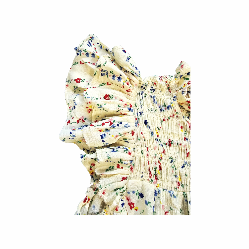 Smocked Floral Ruffle Blouse in Crinkled Cotton Voile - Sea New York