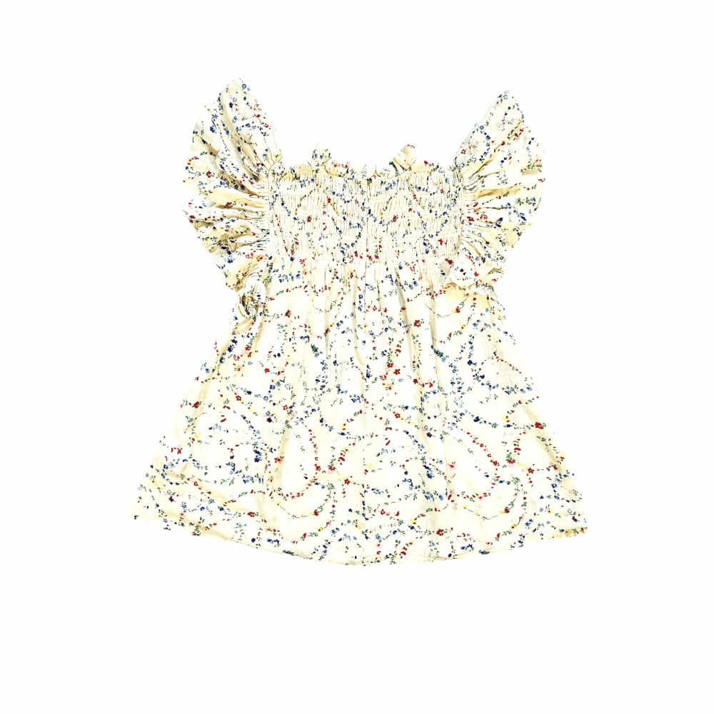 Smocked Floral Ruffle Blouse in Crinkled Cotton Voile - Sea New York