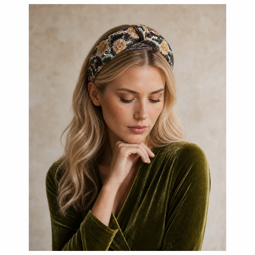 Embroidered Floral Sequin Turban Headband
