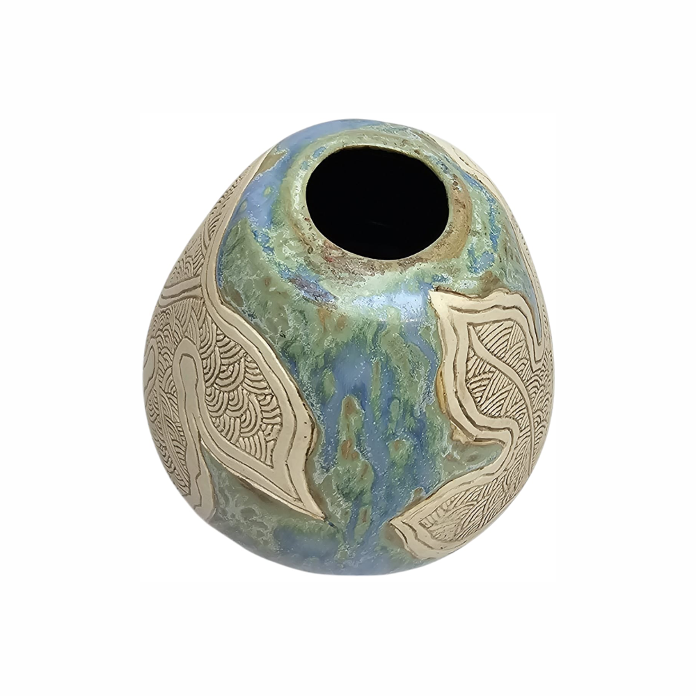 Hand-made Asian Sgraffito Ceramic Vase with Batik Design - Tenmoku - Re:Velvet