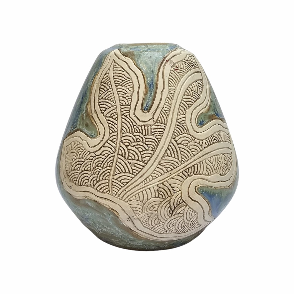 Hand-made Asian Sgraffito Ceramic Vase with Batik Design - Tenmoku - Re:Velvet