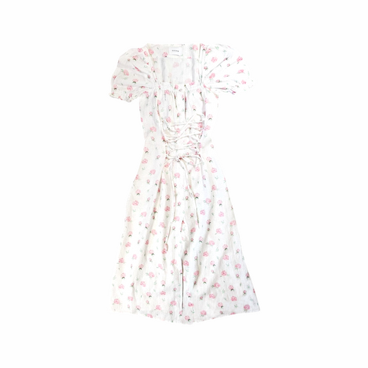 Linen Floral Midi Dress with Corset Lace Detail - Sleeper