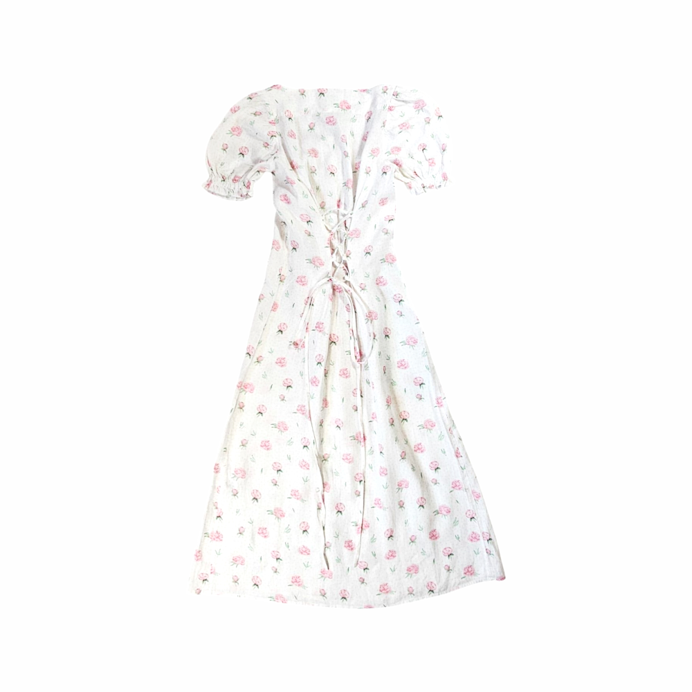Linen Floral Midi Dress with Corset Lace Detail - Sleeper