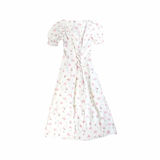 Linen Floral Midi Dress with Corset Lace Detail - Sleeper