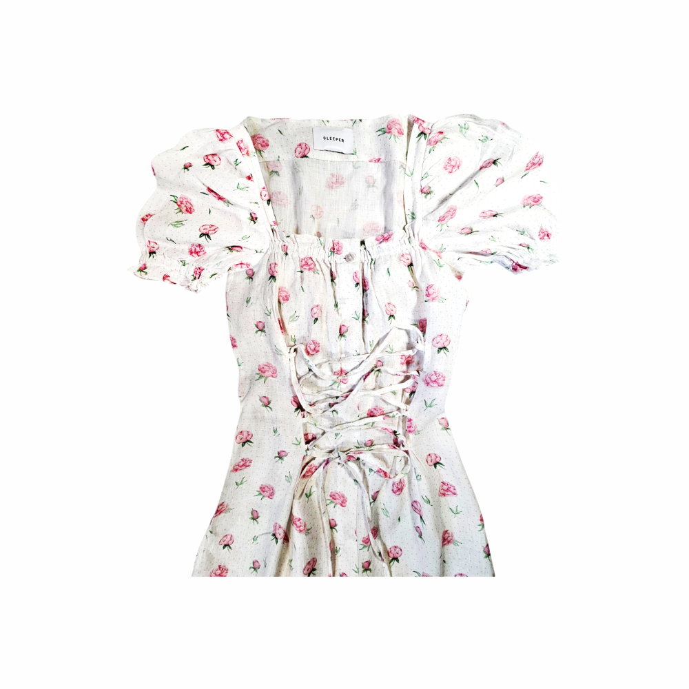 Linen Floral Midi Dress with Corset Lace Detail - Sleeper