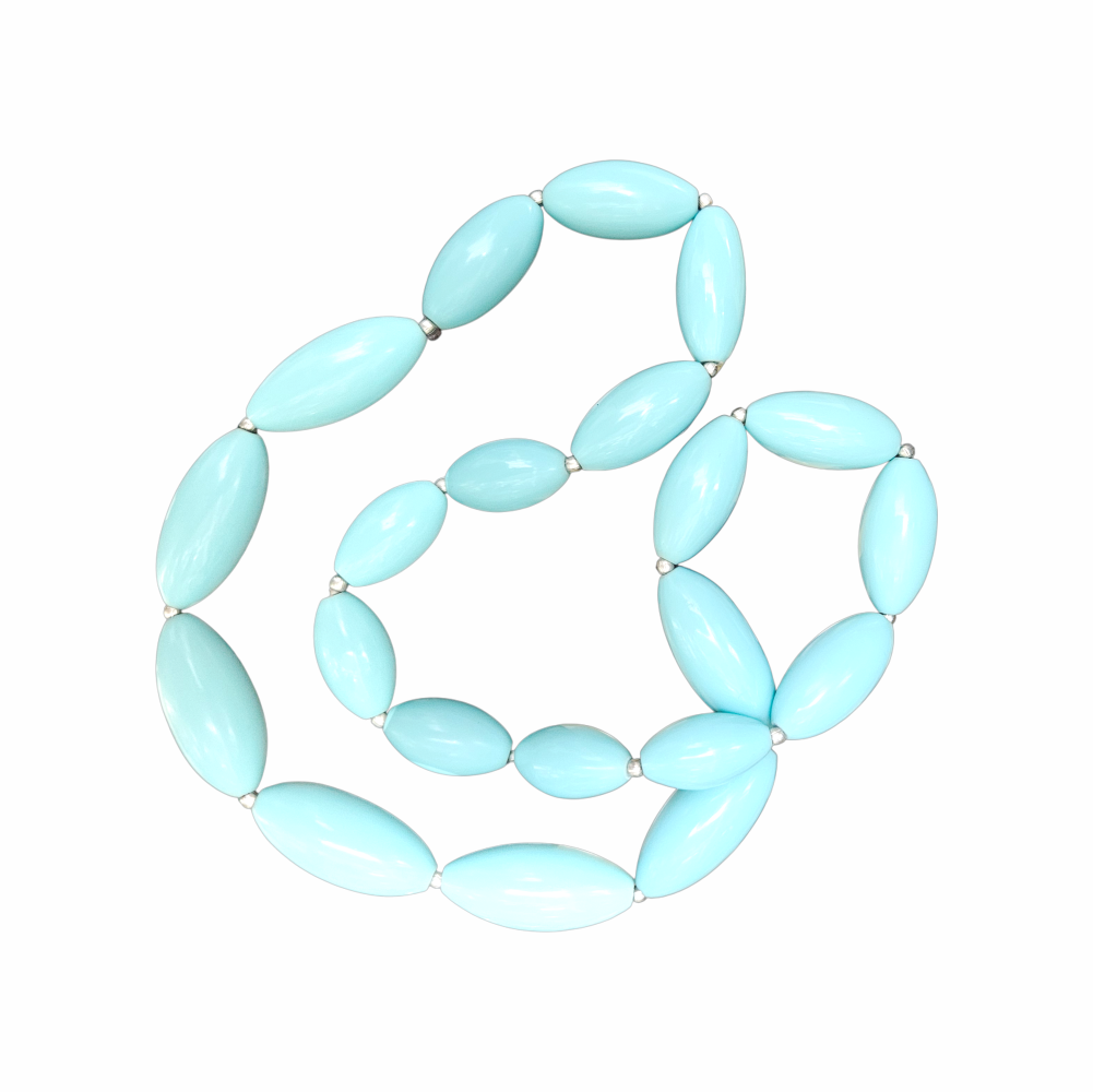 1970s Vintage Long Pale Blue Oval Bead Necklace