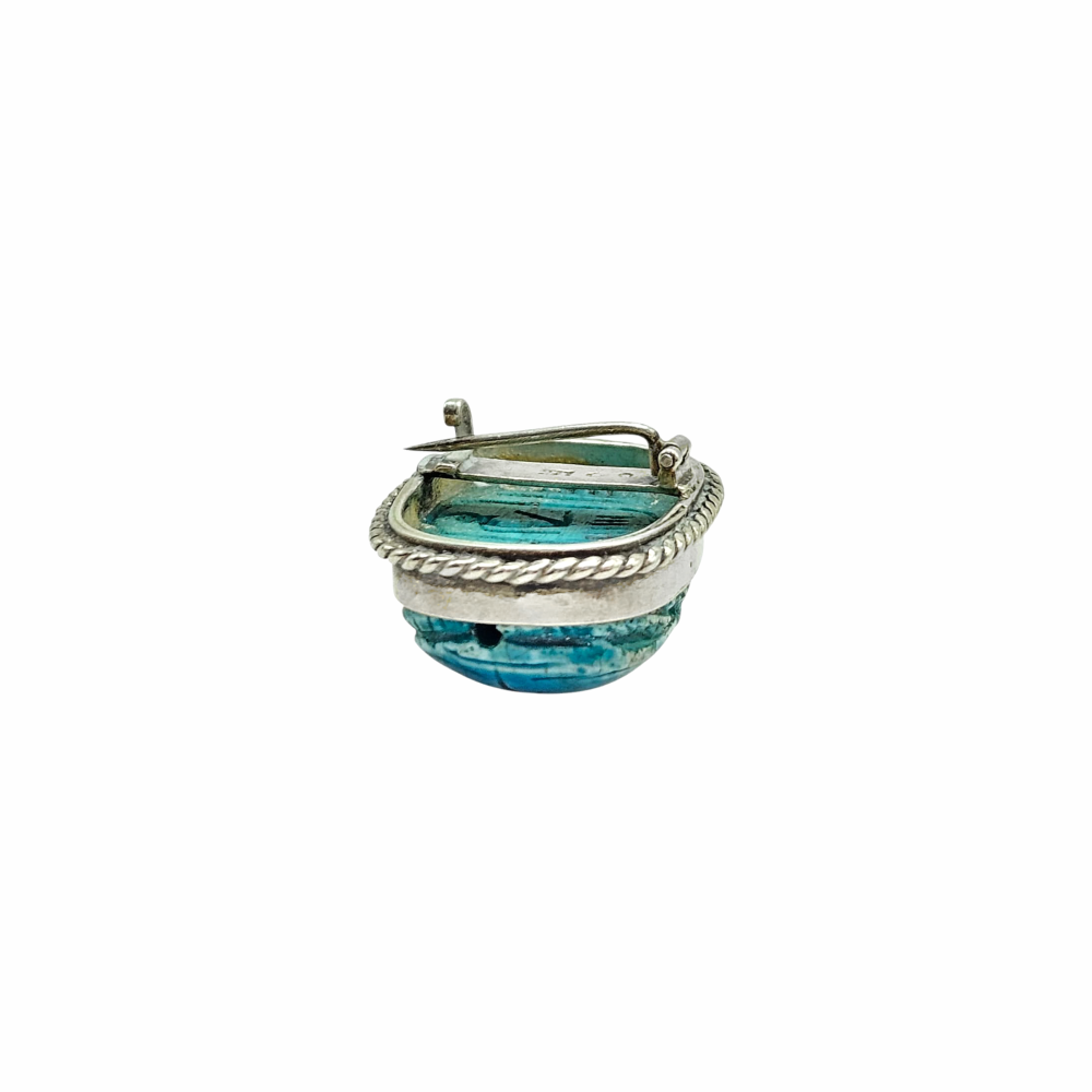 Glazed Faience & Hallmarked Sterling Silver Egypt Scarab Brooch - 1930s - Re:Velvet