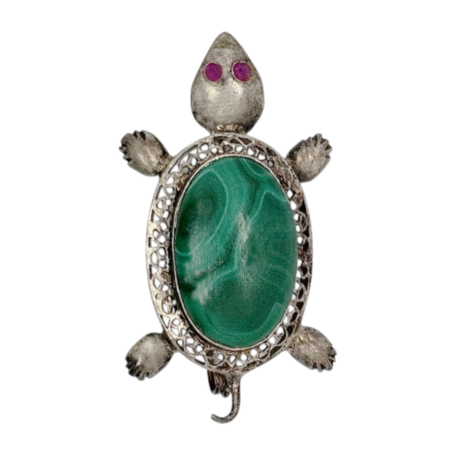 Vintage 1960s Silver Turtle Brooch with Malachite and Amethyst Gems - Re:Velvet